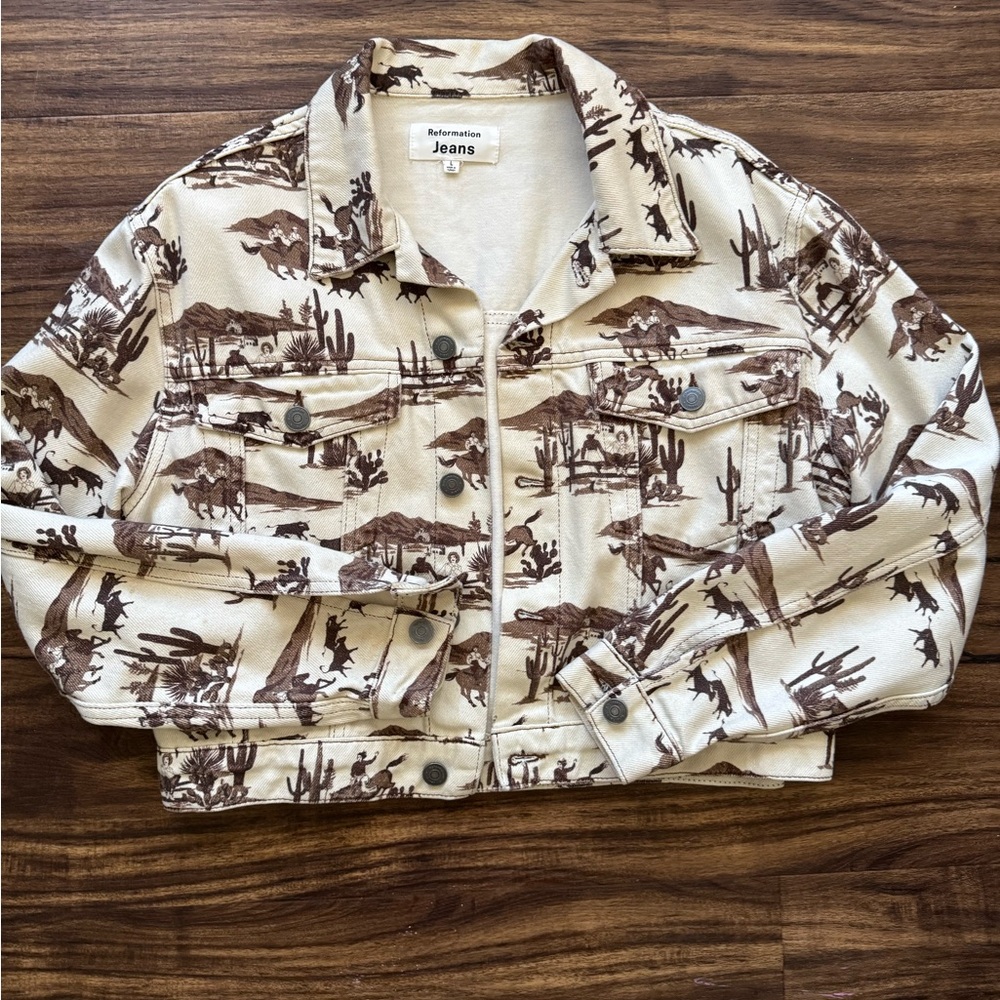 Reformation Denim Desert Print Cropped Jacket - Cream & Brown